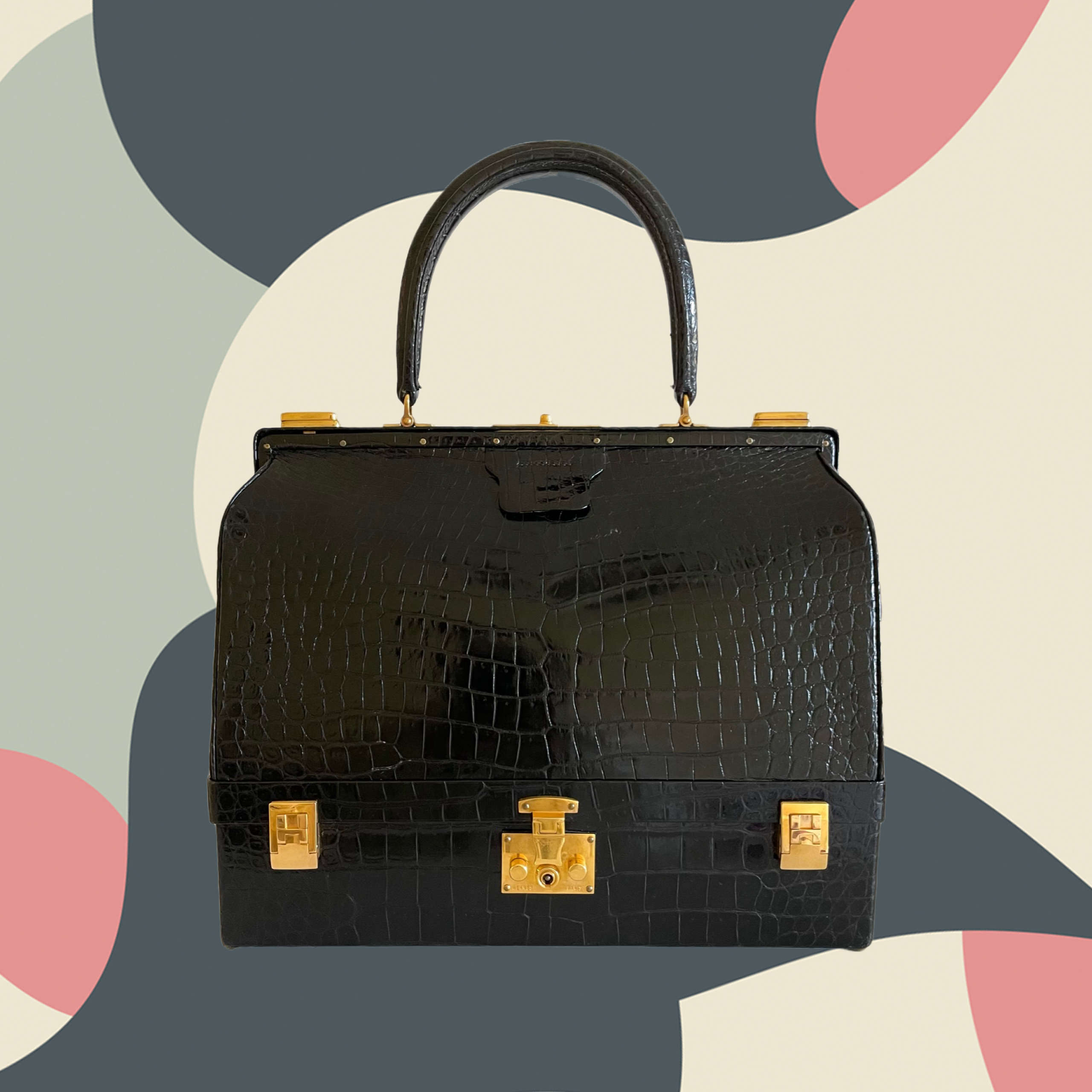 Sac Mallette 32cm in Black Croco (1960's)